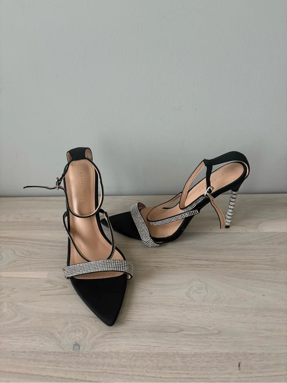 Black Rhinestone-Strap Stiletto Heels with Crystal Embellished Heel